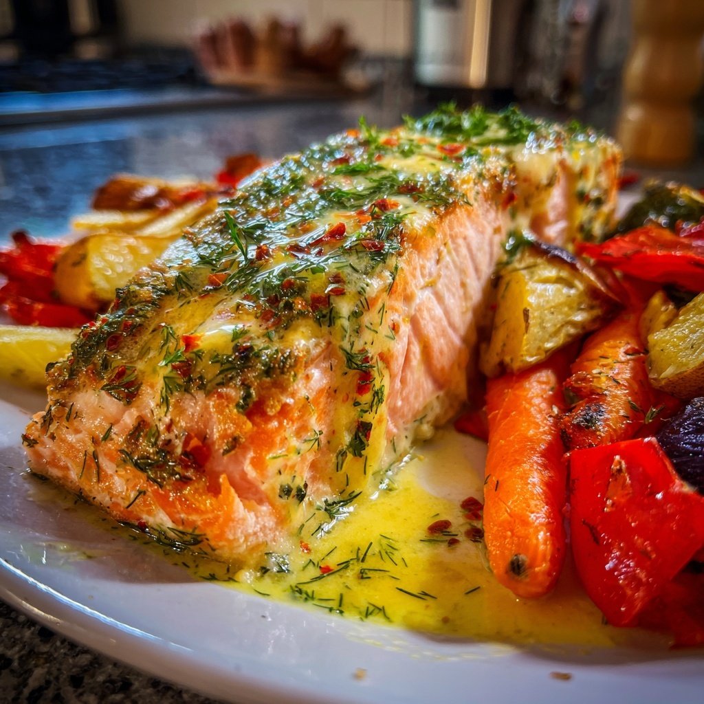 Lachs mit Ofengemüse & Zitronen-Dill-Sauce